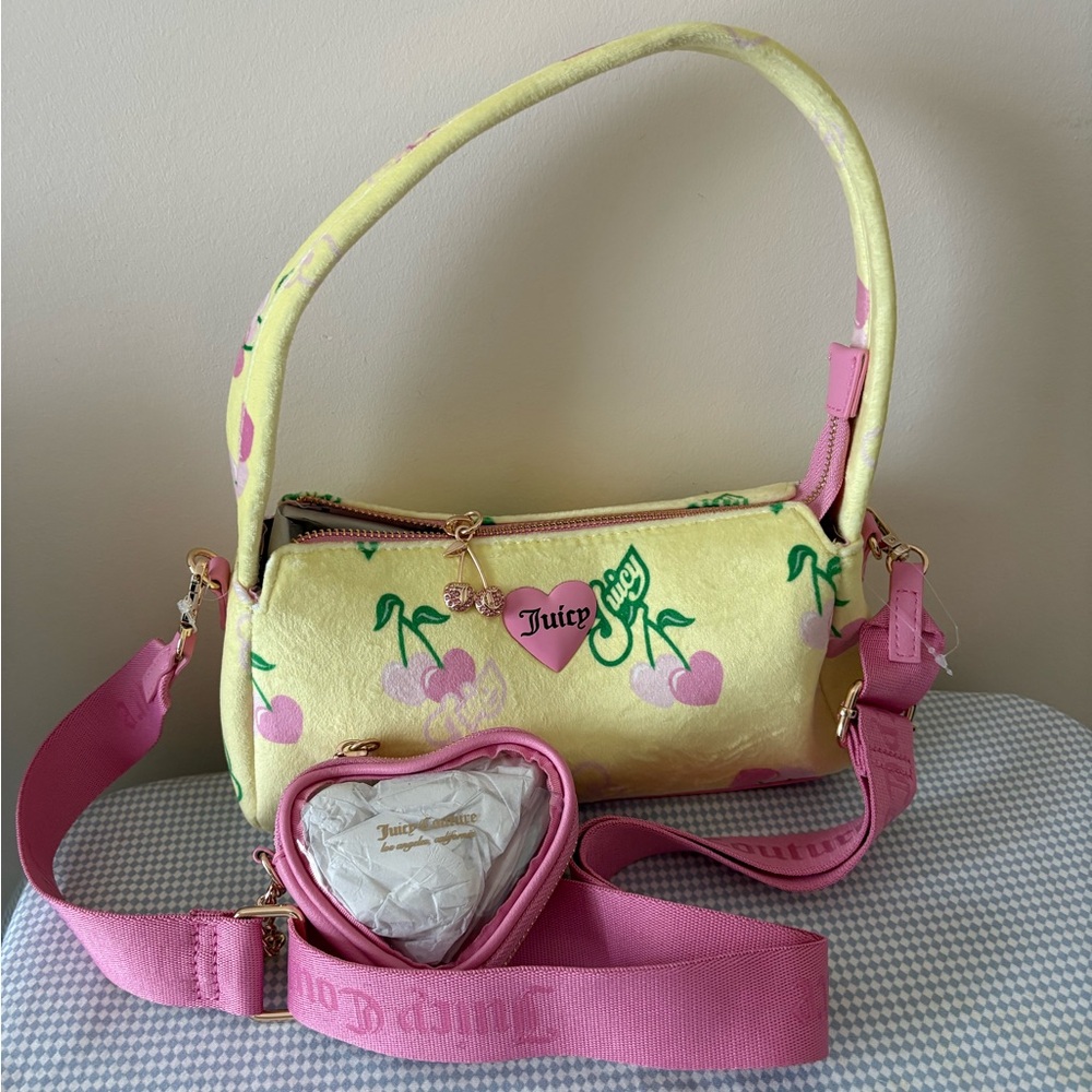NWT Juicy Couture Retro Cherry Shoulder Bag in Yellow Iris Multi & Pouch